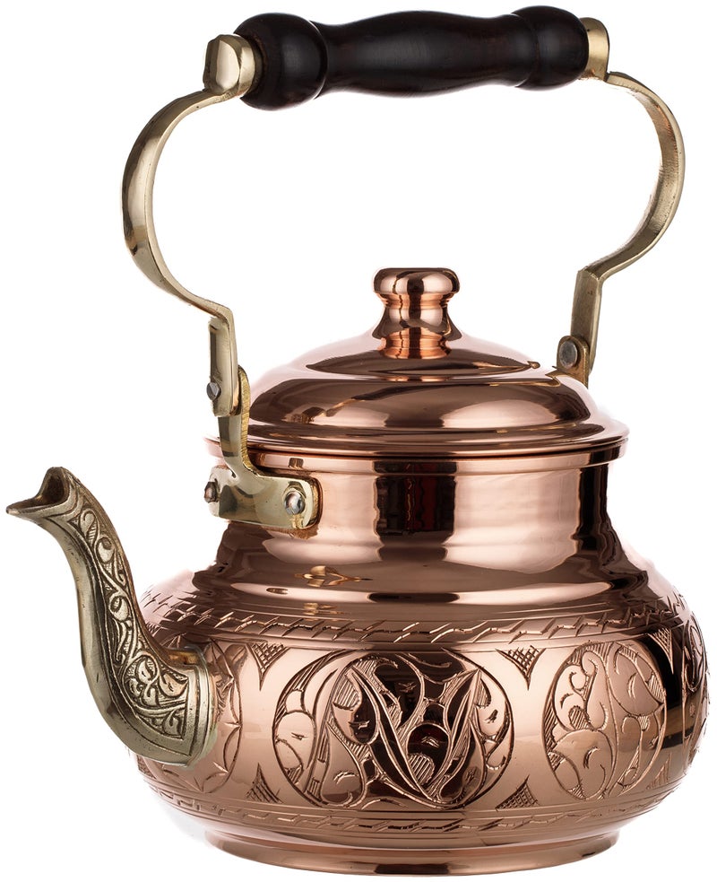 DEMMEX Handmade Engraved 1mm Thick Solid Uncoated Copper Tea Pot Kettle Stovetop Teapot, 1.6-Quart - Image 1